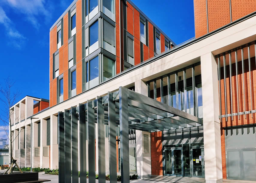 Sunny, modern exterior of George Davies Centre